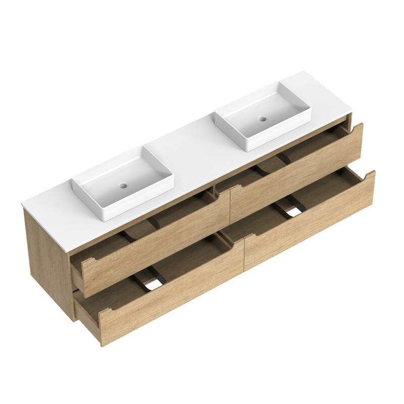 84" Solid Wood Bathroom Vanity with White Quartz Countertop Ceramic Vessel Sink - Square Sink