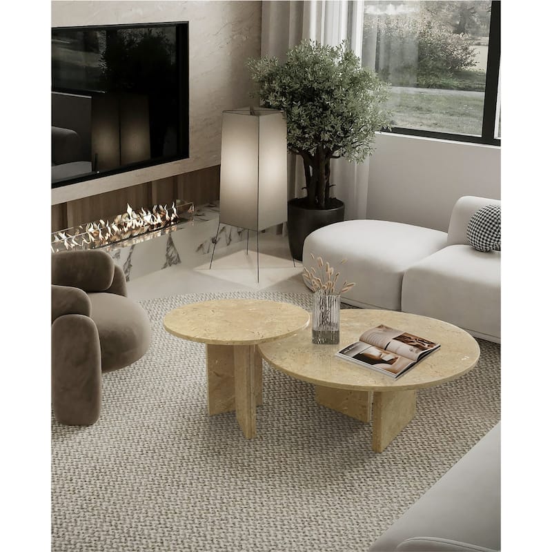Roomfitters Marble Coffee Table Set, Round Living Room Tables, Solid Stone Modern Accent Table Set, Genuine Marble