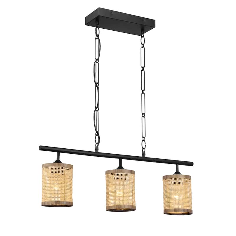 Three Lights Island With Natural Rattan Shade Farmhouse Chain Ceiling Lamp