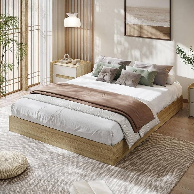 Space-Saving Sturdy Floor-Standing Platform Bed Frame, No Box Spring Needed, Natrual Wood - Full
