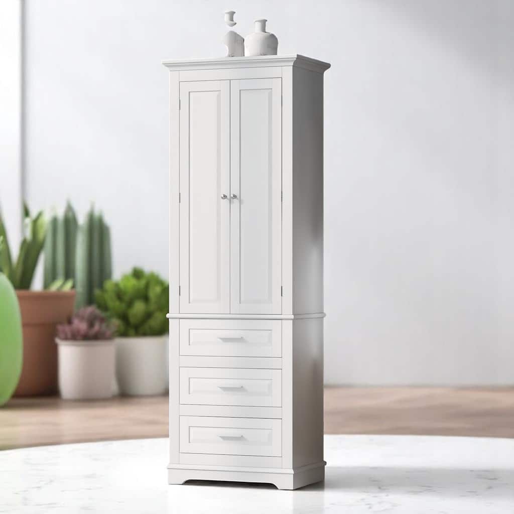 Vertical Bathroom Cabinet with 3 Drawers, 2 Doors, Adjustable Shelf, Anti-Tip Kit, MDF Storage Unit