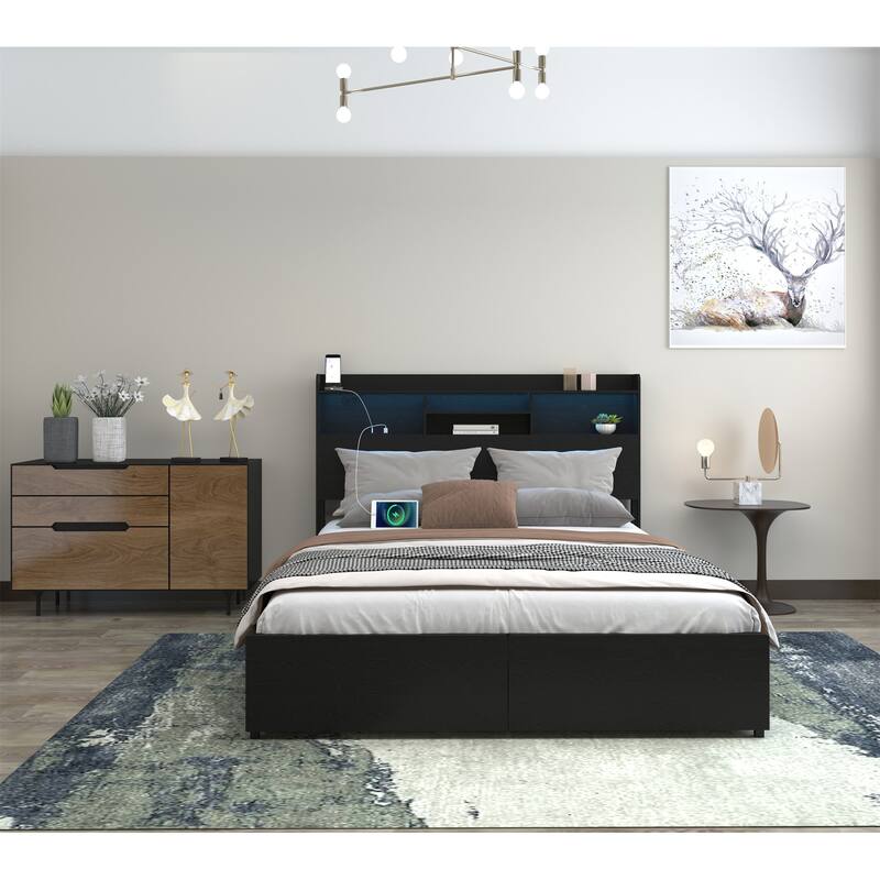 Full Storage Bed Frame with 6 Drawers, Headboard, USB Charging, and LED Lights
