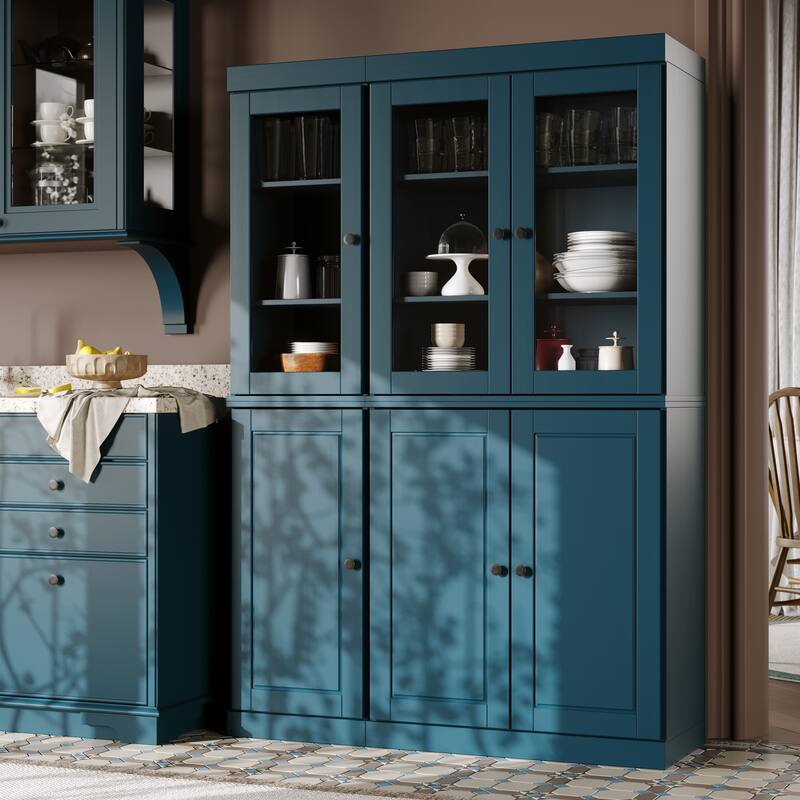 Palace Imports 100% Solid Wood Pantry China Cabinet, Raised Panel & Clear Glass Doors, 48.5" Wide, 71.5" Tall - 48.5" x 71.5" - Teal Blue