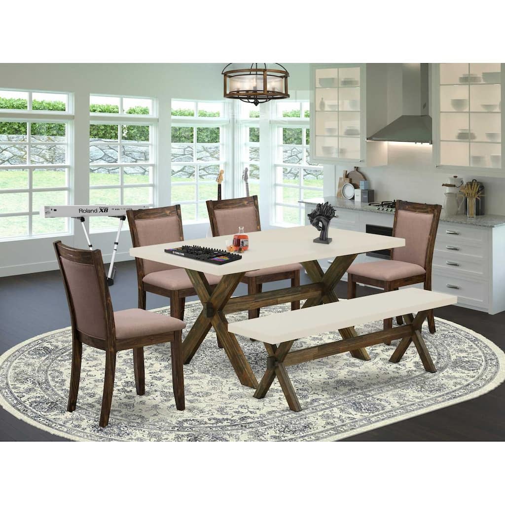HomeStock 6-Piece Rectangle Natural Oak Finish Solid Wood Top Dining Table with 1-Bench, 4-Chairs