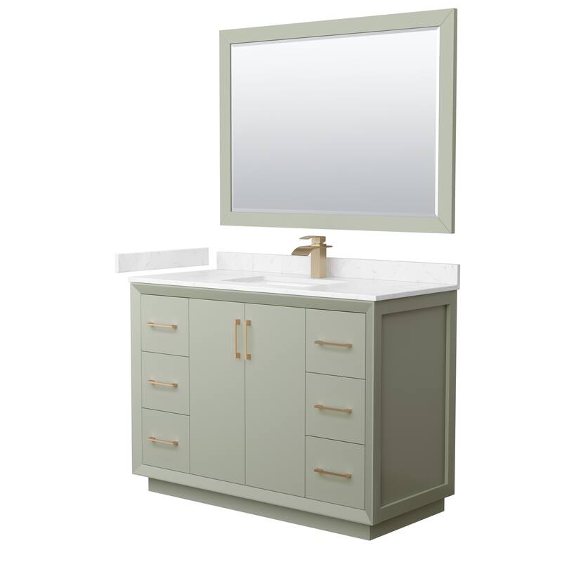 Strada 48-Inch Single Vanity Set, Cultured Marble Top, 46-Inch Mirror - Light Green, Bronze Trim, Carrara Cult. Marble Top