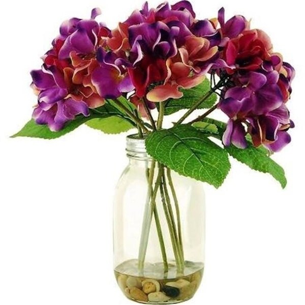 Designs by Lauren 16W14P 12 in. Hydrangeas in a Mason Jar with Wire Grid Lid in Acrylic Water with River Rocks