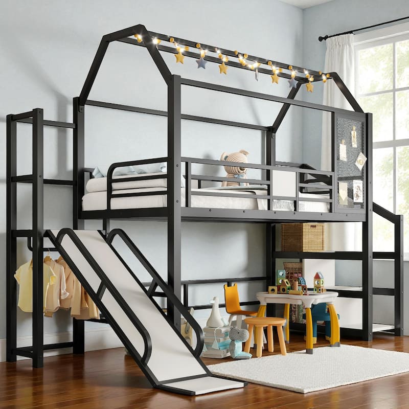 Twin/Full Metal House Loft Bed with Slide and Stairs, Kids Playhouse Bed with Roof, Storage Shelves & Guardrails