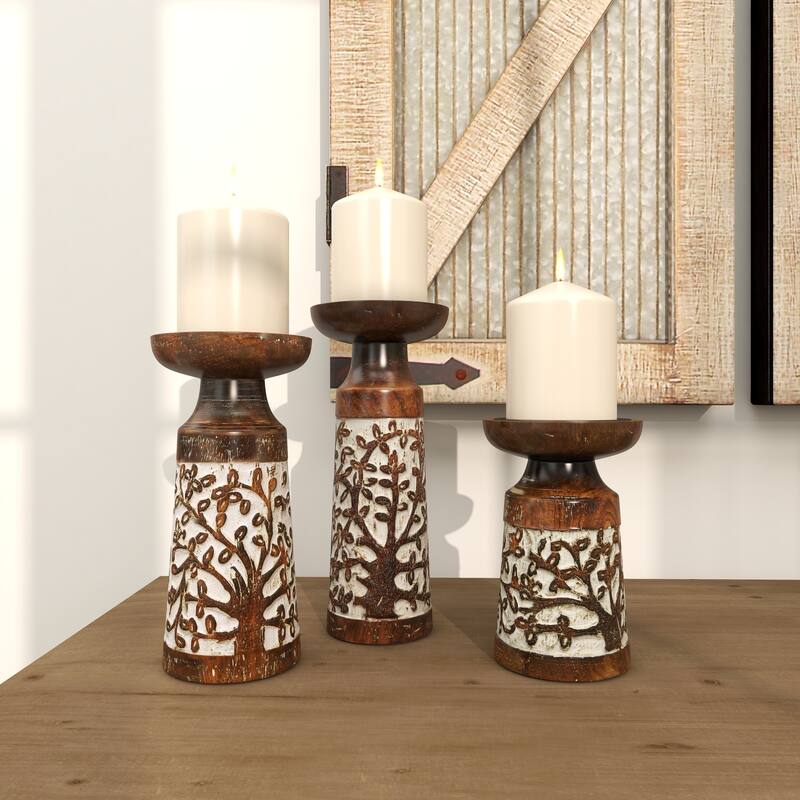 Brown Mango Wood Coastal Candle Holder (Set of 3)