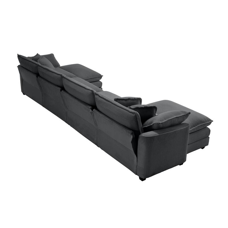 149.6" 4-Seat Corduroy Sofa Set with 3 Footstools, 2 Arm Pillows and 4 Throw Pillows