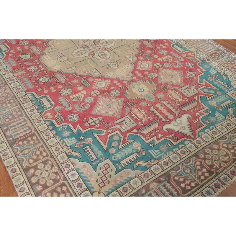 Pink Red Geometric Tabriz Persian Area Rug Hand-Knotted Wool Carpet - 6'6"x 9'10"