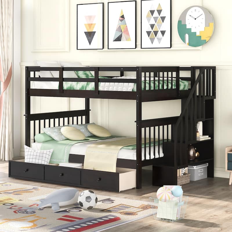Full-Over-Full Bunk Bed with Storage Drawer, Guard Rail, and Staircase, Espresso Finish - Espresso