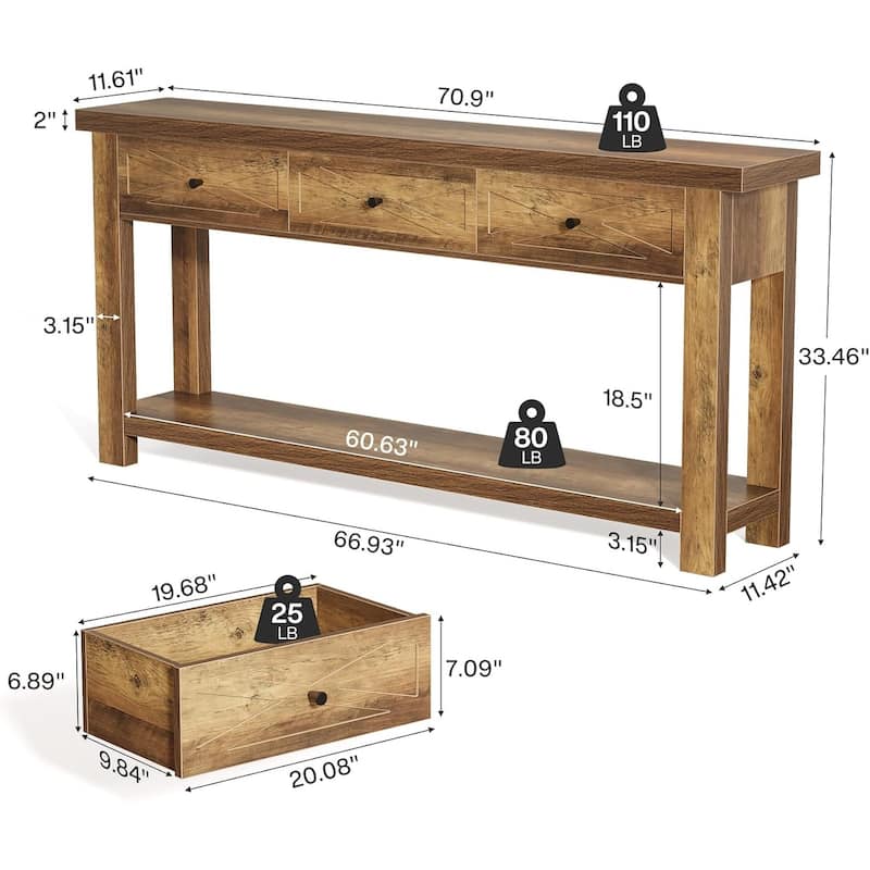 70.9” Extra Long Console Table with 3 Drawers, Farmhouse Entryway Table with Storage Shelf