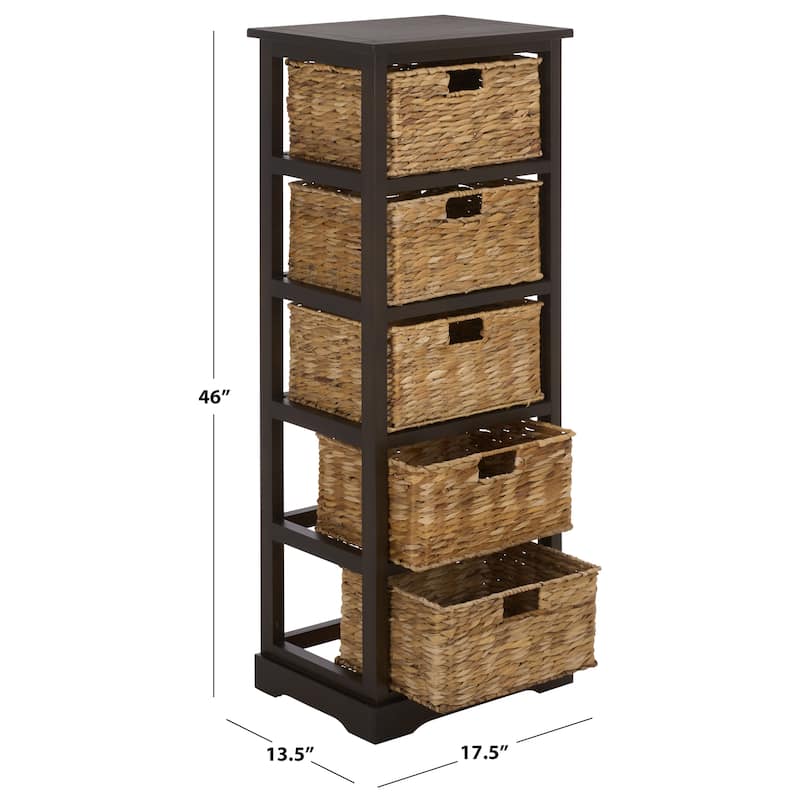SAFAVIEH Faith Distressed Black 5-Drawer Wicker Basket Storage Tower - 17.3" x 13.4" x 46.1" - 17"W x 13"D x 46"H