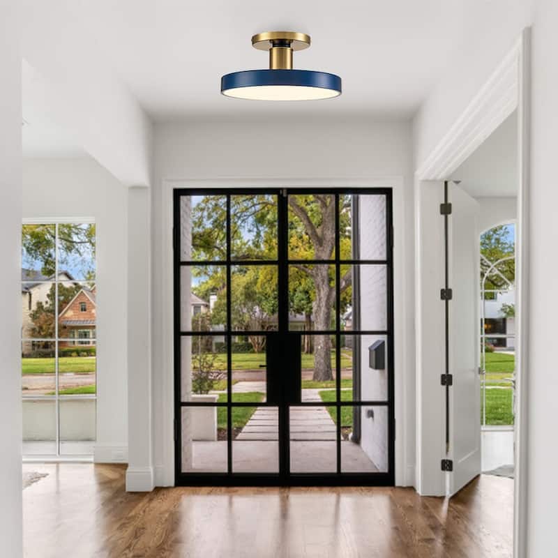 Modern Brass Blue Round LED Semi Flush Ceiling Light 15.7in