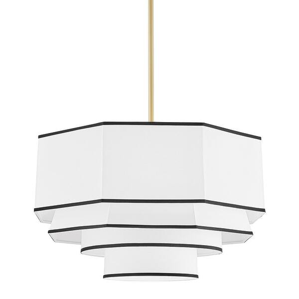 slide 3 of 2, Hudson Valley Riverdale 4-Light Aged Brass Large Pendant with White Belgian Linen Shade Aged Brass