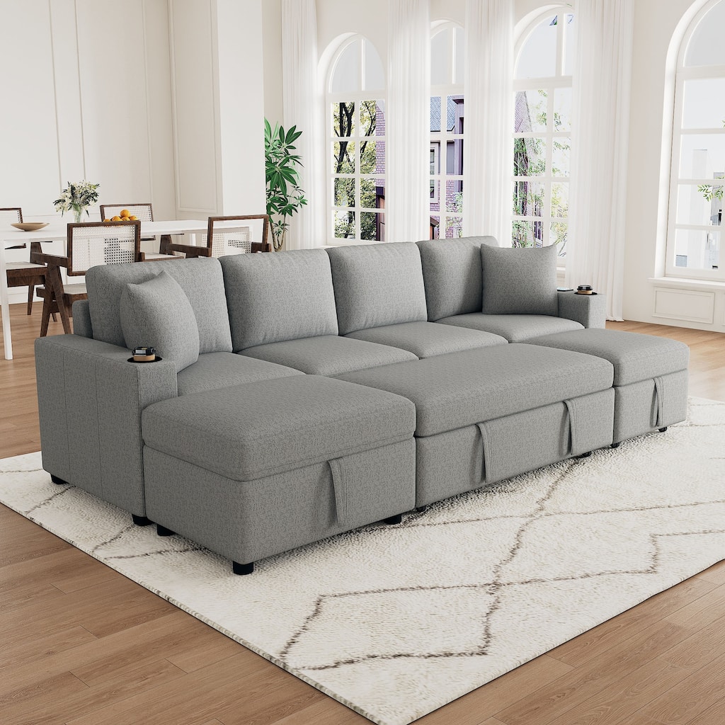 109.1" Gray Chenille Convertible Sofa Bed with Storage Ottoman, USB Ports & Cup Holders