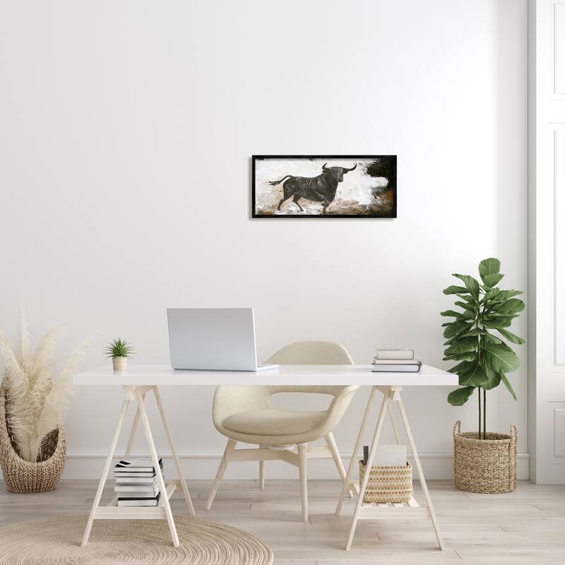 Stupell Rustic Running Bull Abstract Animal Painting Wild Cattle Framed Wall Art - Off-White