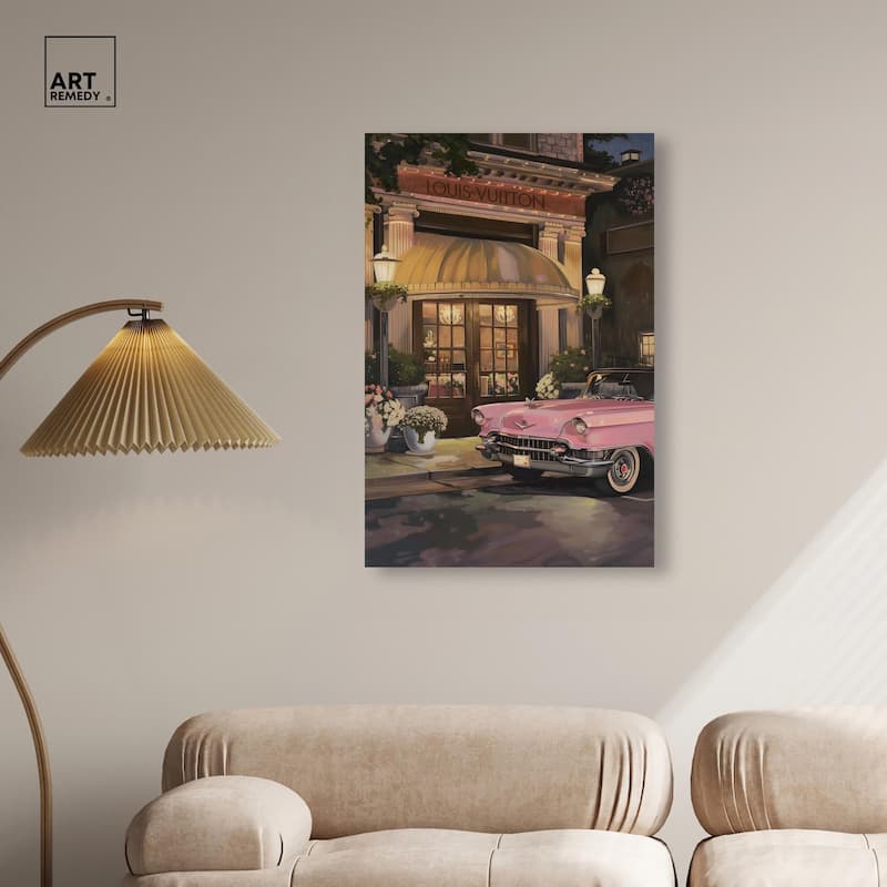 Classic Car Store Visit Canvas by Art Remedy, Gallery Wrapped