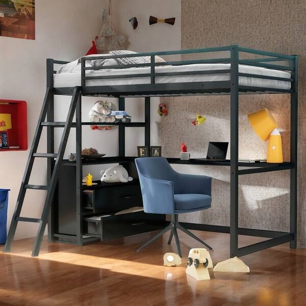 slide 2 of 18, Metal & Wood Twin Size Loft Bed with Desk and Shelves, Children Bed Frame with 2-Built-in Drawers for Bedroom, Black Black