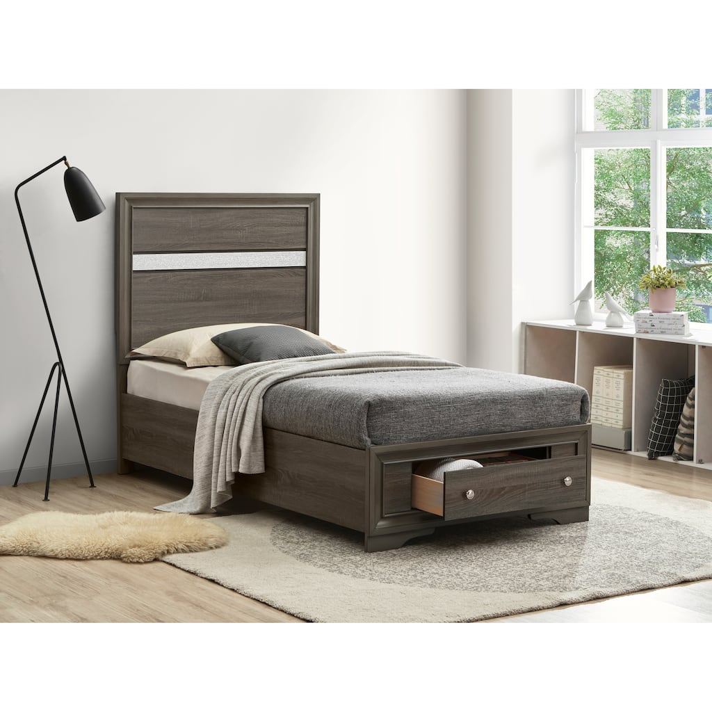 Gray Twin Bed with Built-in Drawers and Slatted Base