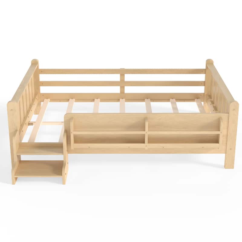 Full/Twin Floor Bed with Storage Bookcases & Cute Stairs - Solid Wood Kids Bed, No Box Spring