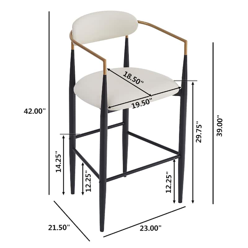PU Leather Bar Stools Set of 2, Counter Height Upholstered Bar Stools, Accent Chair with Back & Iron Legs for Kitchen Island
