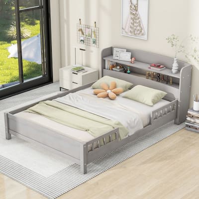 Full Size Wood Platform Bed with Storage Headboard