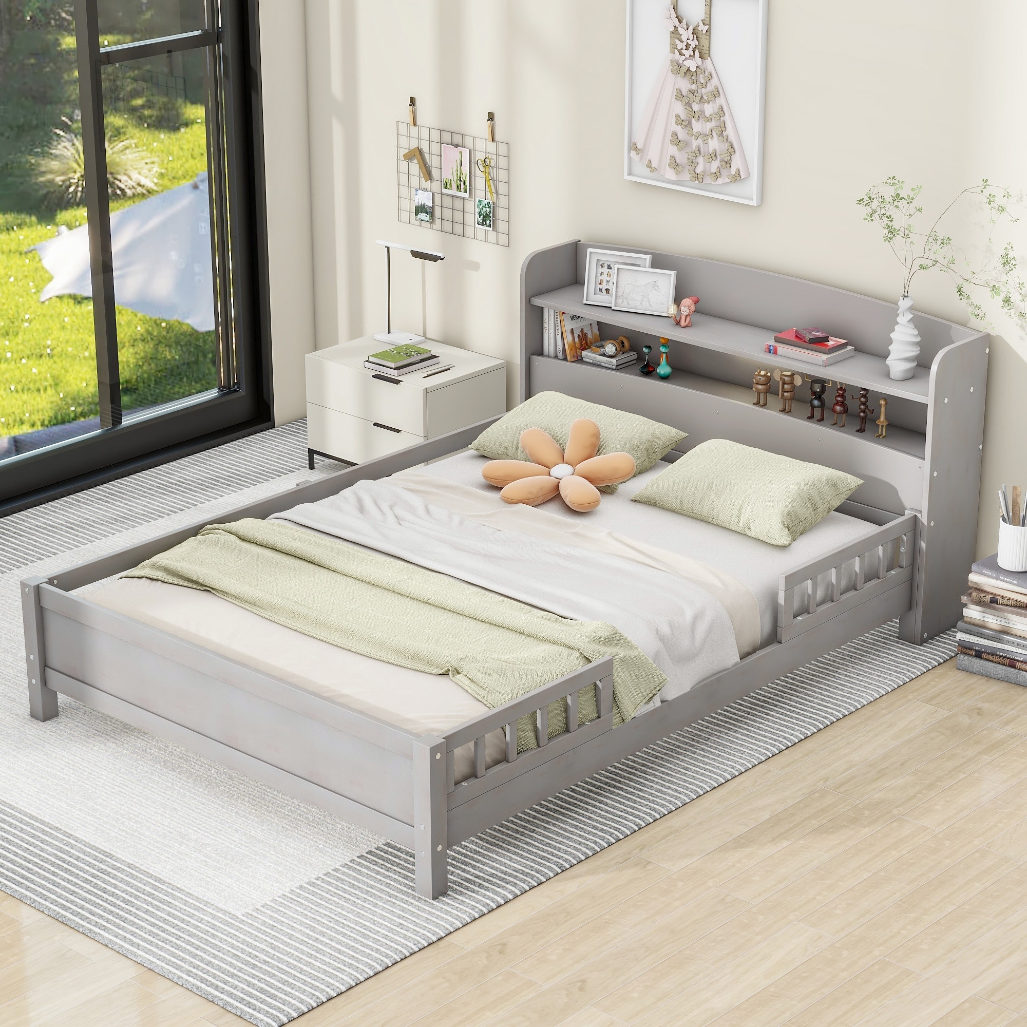 Wood Platform Bed with Built-in LED Light, Storage Headboard and Guardrail