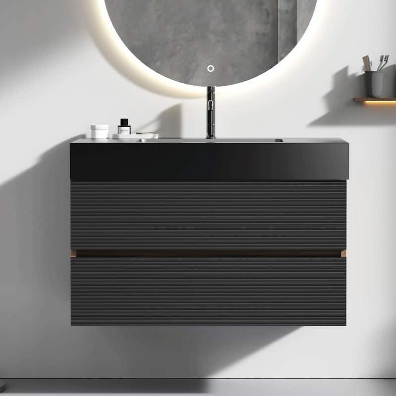 36" Walnut Bathroom Vanity with Engineered Quartz Sink and Soft Black Drawers - Black+Brown
