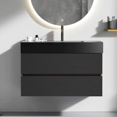 36" Walnut Bathroom Vanity with Engineered Quartz Sink and Soft Black Drawers