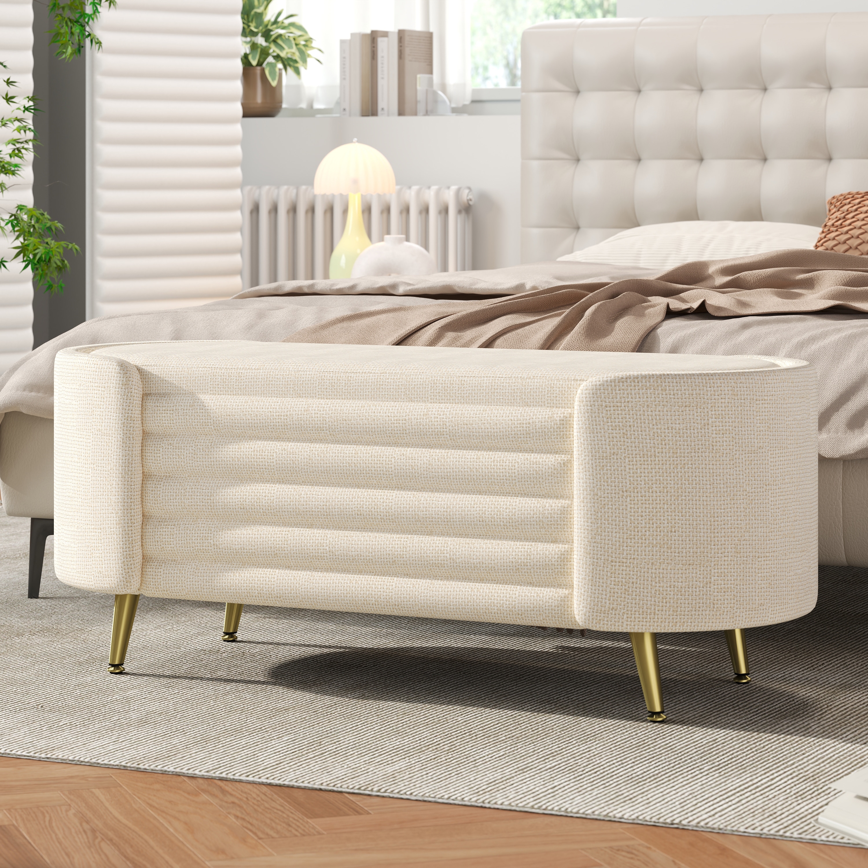 Roomfitters Modern Oval Storage Ottoman Bench, Upholstered Chenille Entryway Shoe Bench, Metal Legs