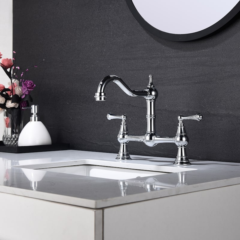 Double Handle Bridge Widespread Kitchen Faucet in Brushed Nickel - 8.85 inch - Chrome