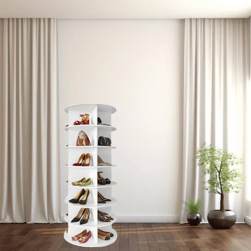 Spinning Shoe Rack Tower with 7 Tiers for 28 Pairs, for Handbag Rotate Shoes Closet Organization, Hallway, Entryway - White
