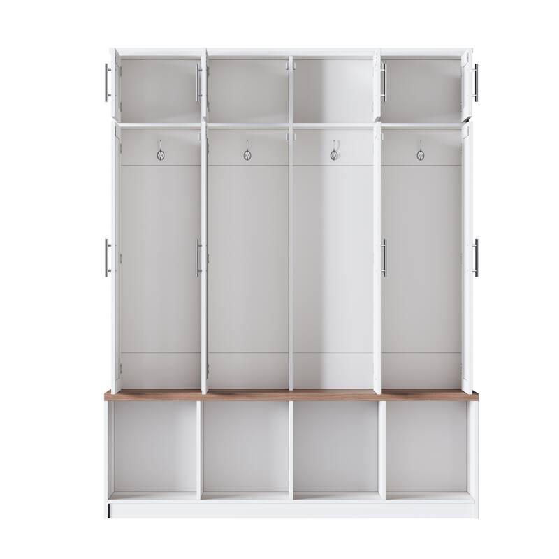 Farmhouse Hall Tree with 4 Hidden Hanging Hooks, Wood Bench Entryway Shoe Cabinet, Large 8 Doors Storage Cabinet for Foyer