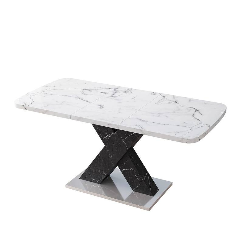 62.99" Faux Marble Rectangular Extendable Dining Table with X-Legs and Metal Base