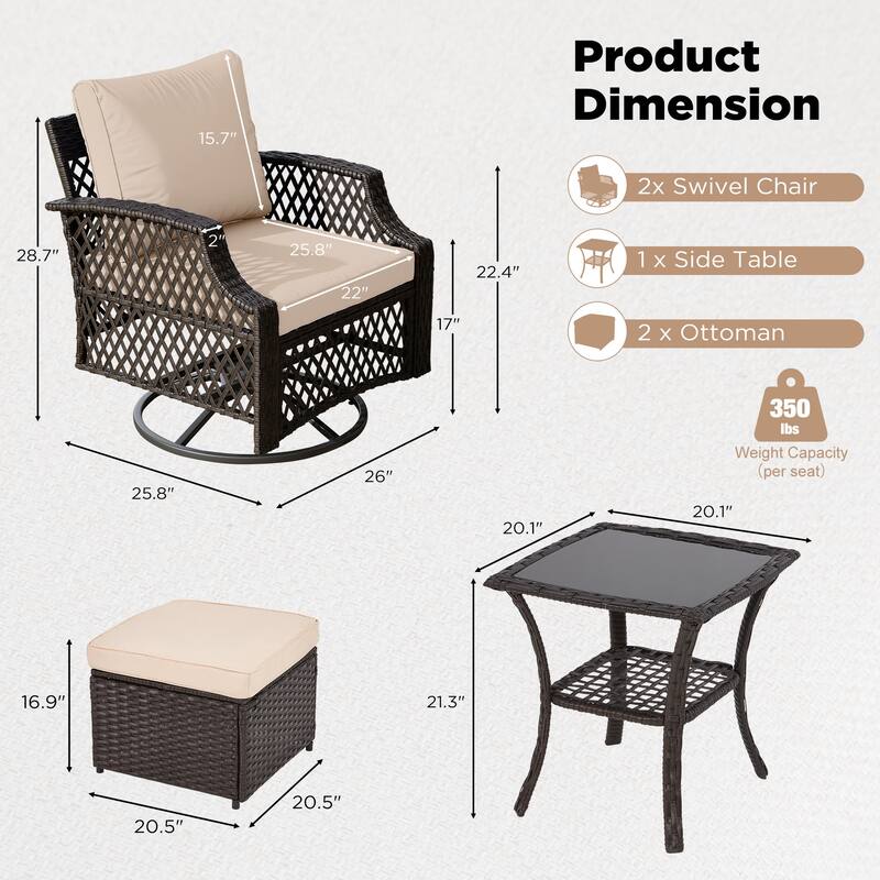 Outdoor Wicker Patio Set w Swivel Chairs & Sofa, Ottomans and Tables, Modular 3/5/6/7-Piece, All-Weather Conversation Set.