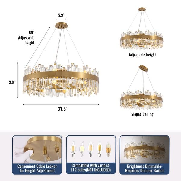 32 in. 2-Tier Modern Crystal Chandelier Brass Gold Round Crystal ...