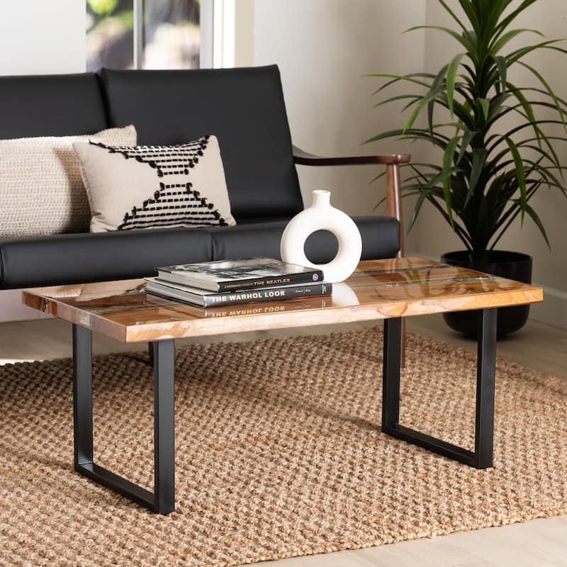 Apio Wood Epoxy Resin Coffee Table with Glass Inlay - Rectangular Live Edge Teak wood Accent Table with Black Metal Base