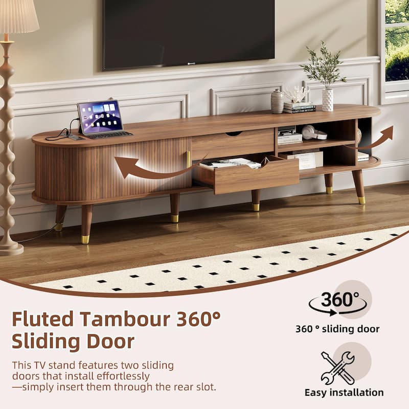 Wooden Oval Fluted TV Stand with Charging Station for TVs Up to 80"