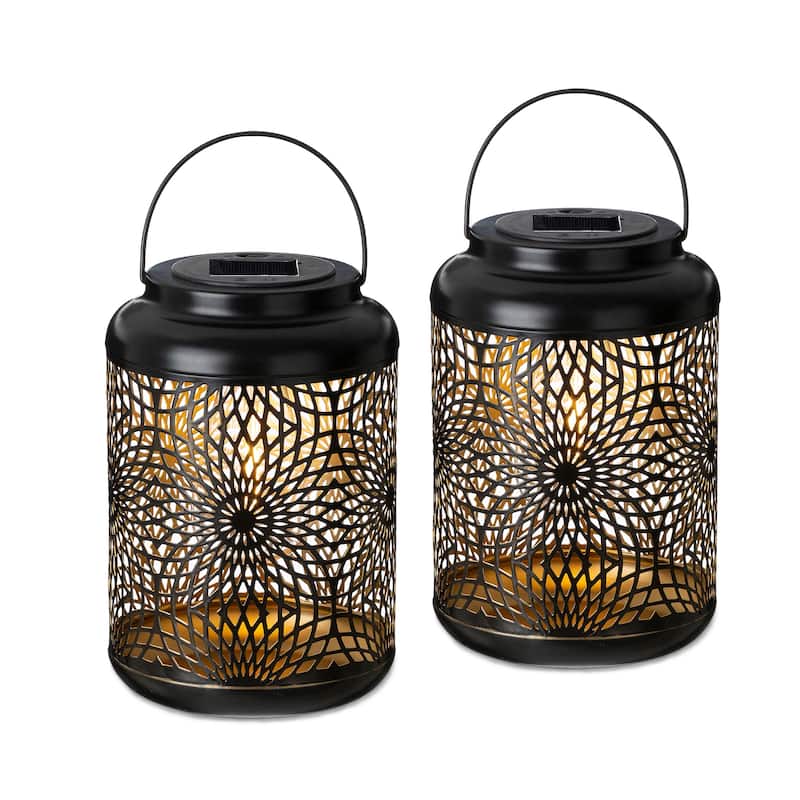 Glitzhome 8.75"H Outdoor Waterproof Metal Solar Hanging Lantern with Flower Leaves Decor