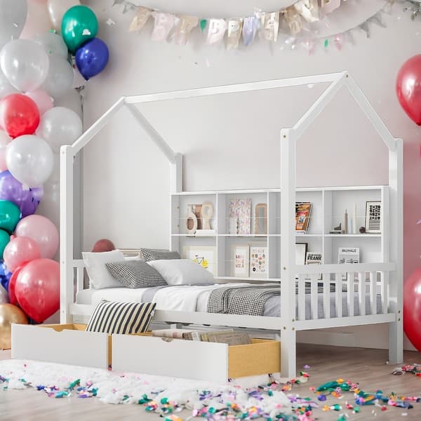 slide 2 of 18, Twin Size Wooden House Bed Kids Bed with 2 Drawers and Storage Shelf White