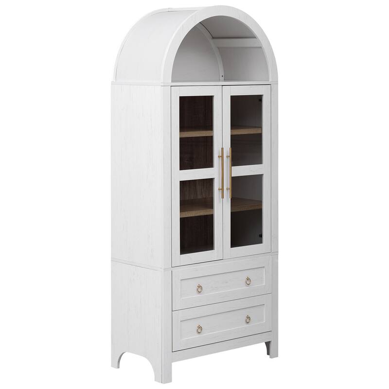 Arched Cabinet with Glass Doors, 71" Freestanding Pantry Cabinet with Drawers, Wood Storage Cabinets, Kitchen Versatile Cupboard
