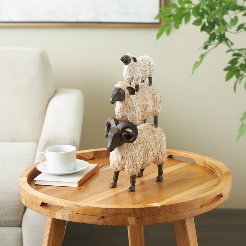 Cream Polystone Stacked Sheep Decorative Sculpture with Black Accents - Cream