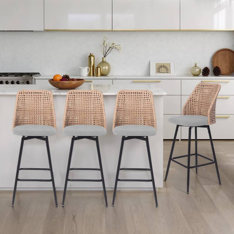 Chenille Counter Height Swivel Bar Stools Rattan Back with Metal Legs