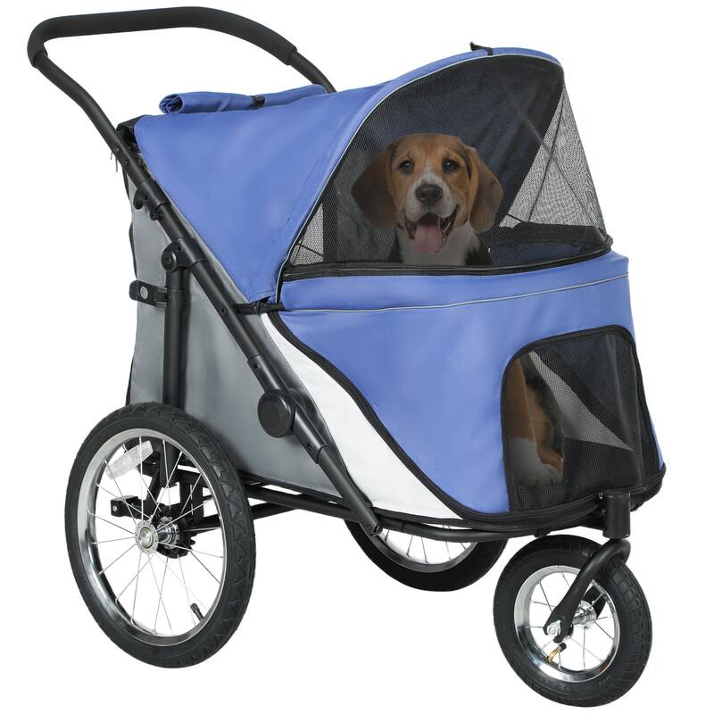 PawHut Dog Stroller, Pet Stroller 3 Wheels with Easy One-Hand Fold, Rubber Wheels, Storage Bag, Soft Cushion, Safety Leash - Blue