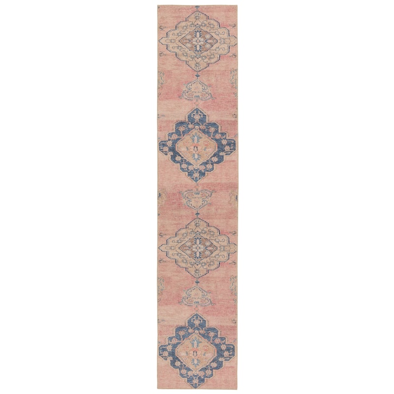 Adalee Machine Washable Medallion Pink/ Blue Area Rug
