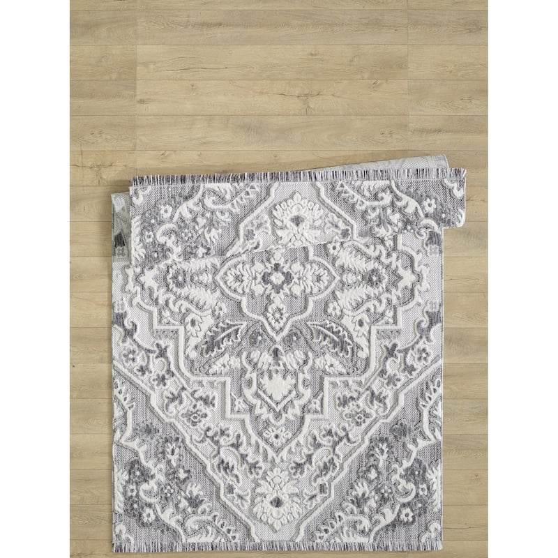 Milos Collection Grey and White Medallion Space-dyed Polyester Rug