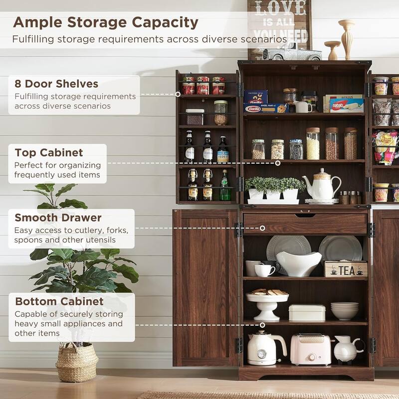 72" Tall Farmhouse Kitchen Pantry, Storage Cabinet with Barn Doors - N/A