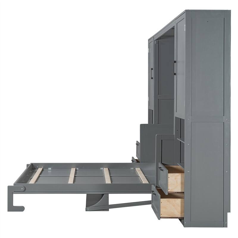 Queen Size Murphy Bed Wall Bed with 2 Wardrobes and 4 Storage Drawers, Foldable Murphy Cabinet Bed w/Open Storage Shelves& Stool