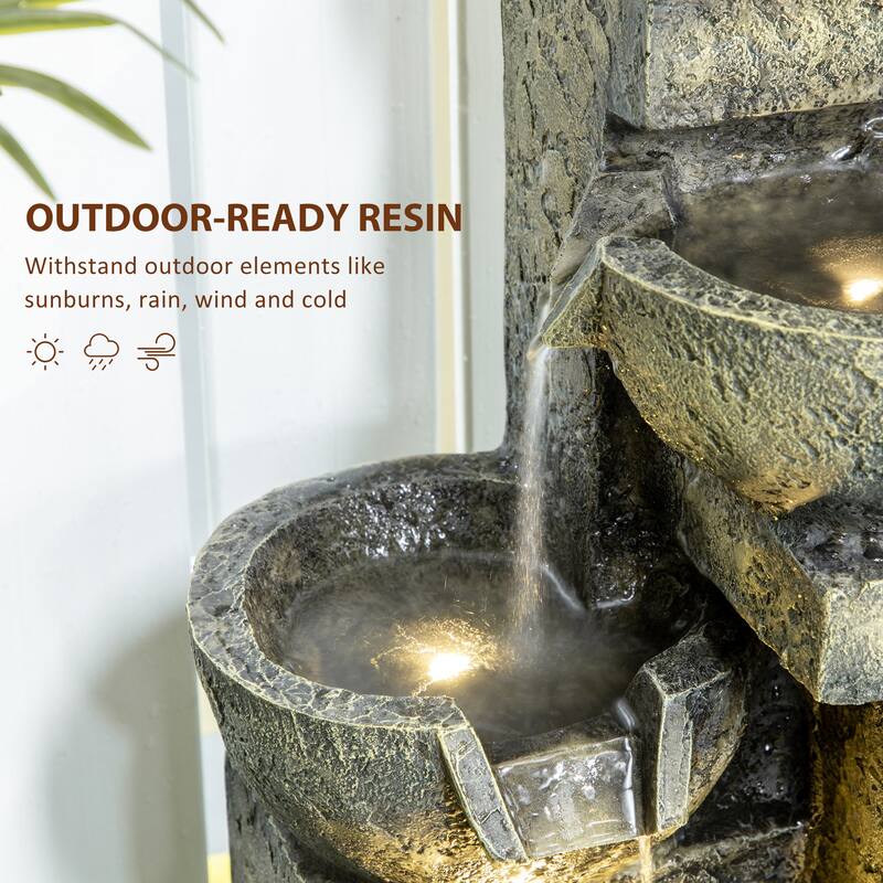 Outsunny Outdoor Fountain with 4-Tier Stacked Stone Look Bowls, Cascading Waterfall, Adjustable Flow & LED Lights
